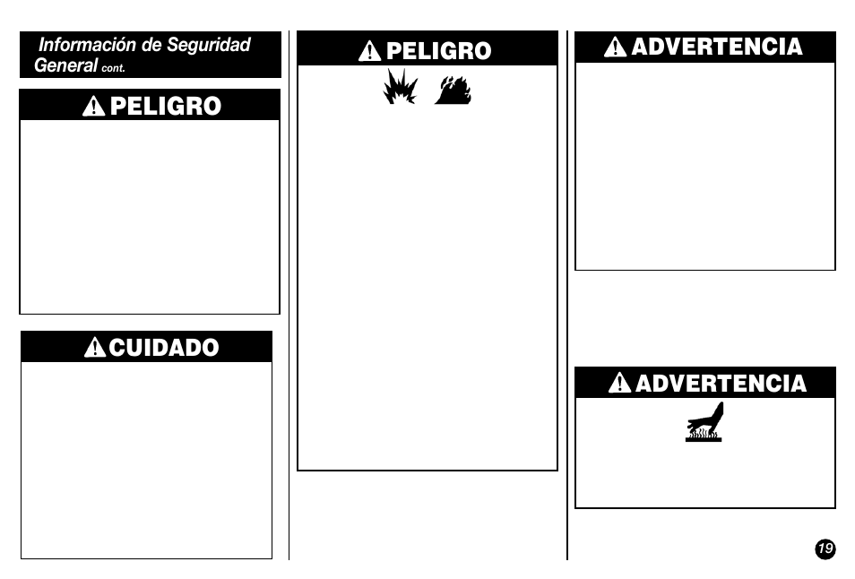 Peligro, Advertencia, Cuidado | Información de seguridad general | Coleman Model 2800 User Manual | Page 19 / 24