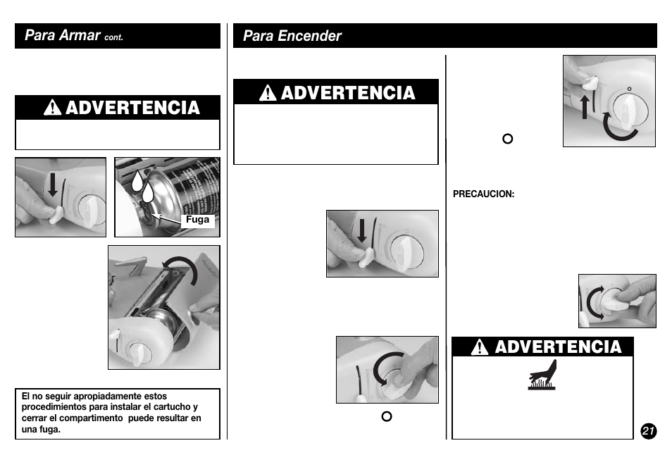 Advertencia, Para armar, Para encender | Coleman Model 2800 User Manual | Page 21 / 24