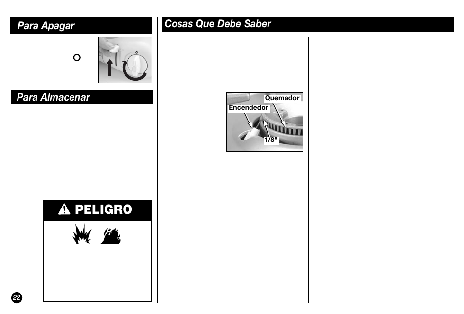 Peligro, Para almacenar cosas que debe saber, Para apagar | Coleman Model 2800 User Manual | Page 22 / 24