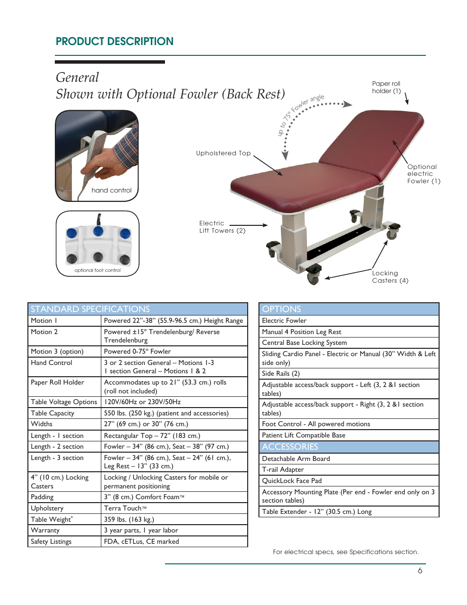 General shown with optional fowler (back rest), Product description, Standard specifications | Options, Accessories | Oakworks Ultrasound / PG Series Rev.B User Manual | Page 9 / 36