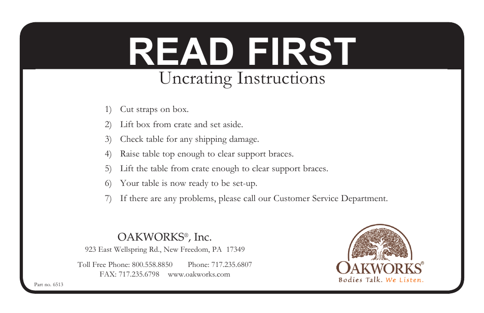 Oakworks Uncrating User Manual | 1 page