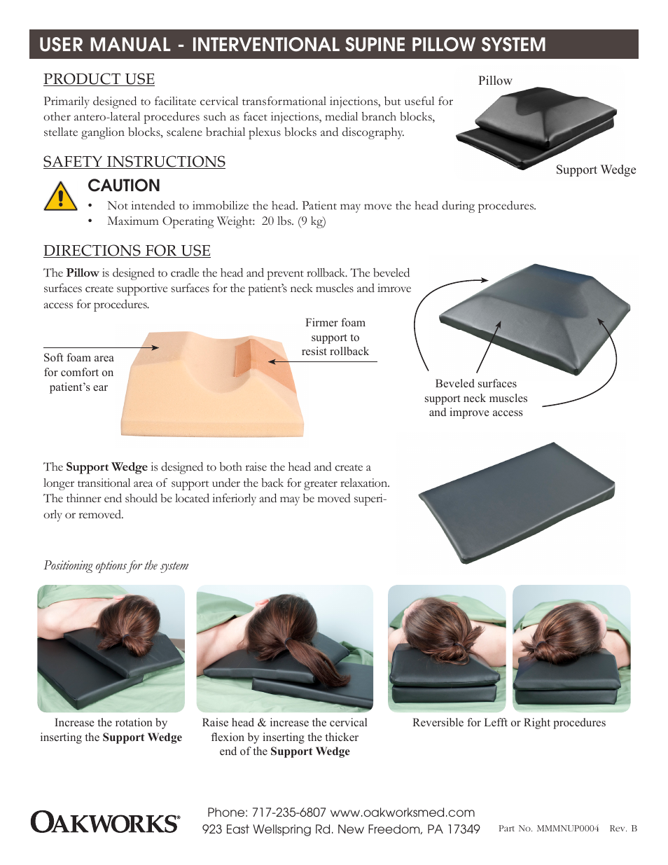 Oakworks Interventional Supine Pillow System User Manual | 2 pages