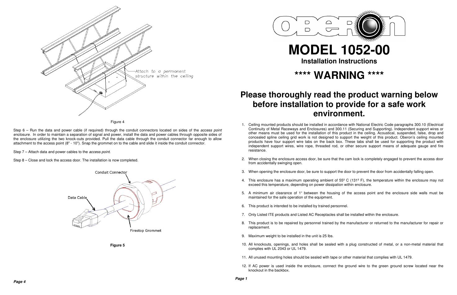 Oberon 1052-00 User Manual | 2 pages
