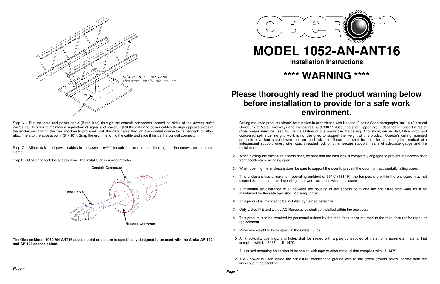 Warning, Installation instructions | Oberon 1052-AN-ANT16 User Manual | Page 2 / 2