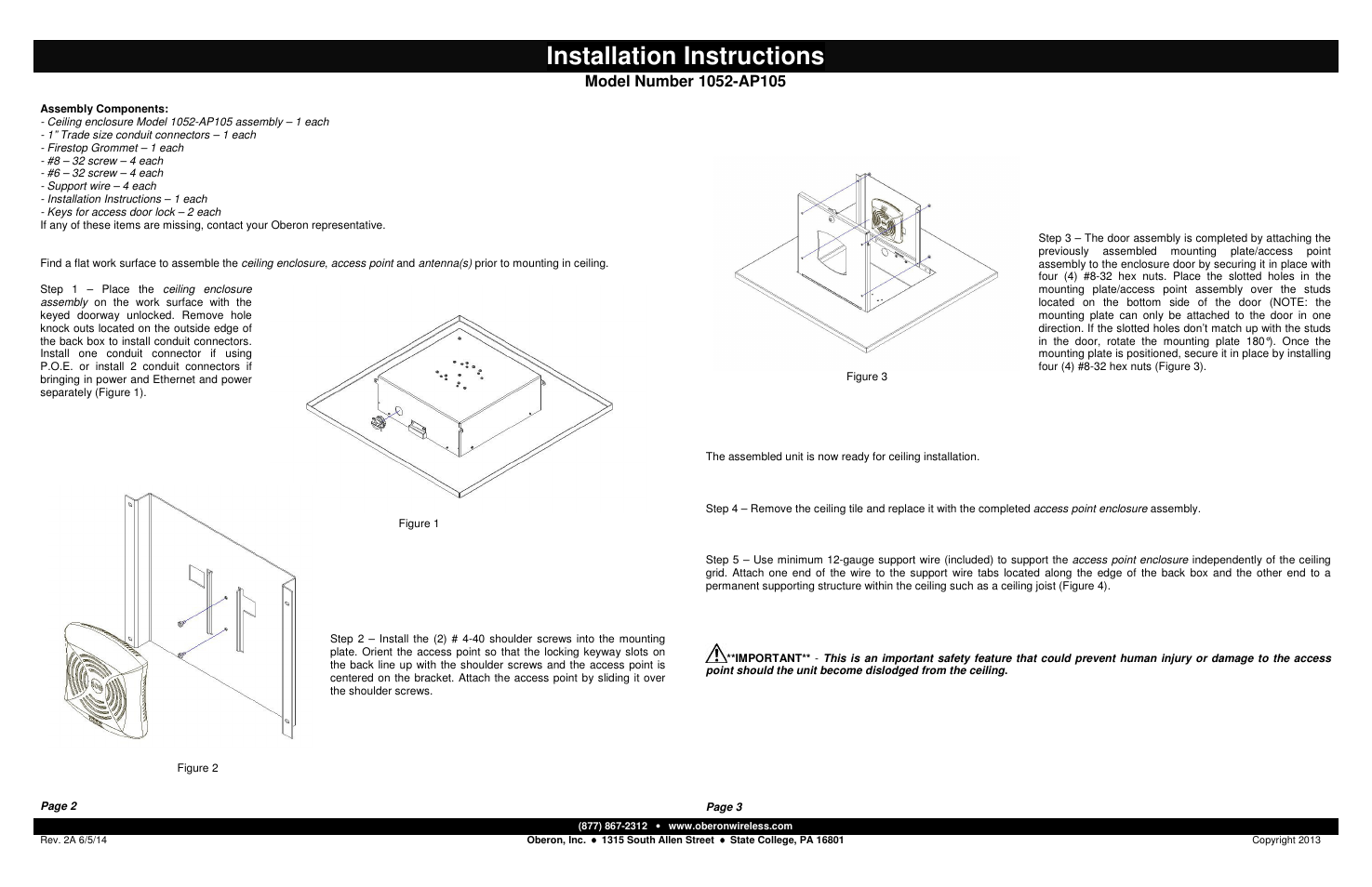 Installation instructions | Oberon 1052-AP105 User Manual | Page 2 / 2