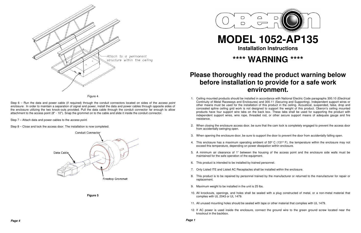 Oberon 1052-AP135 User Manual | 2 pages