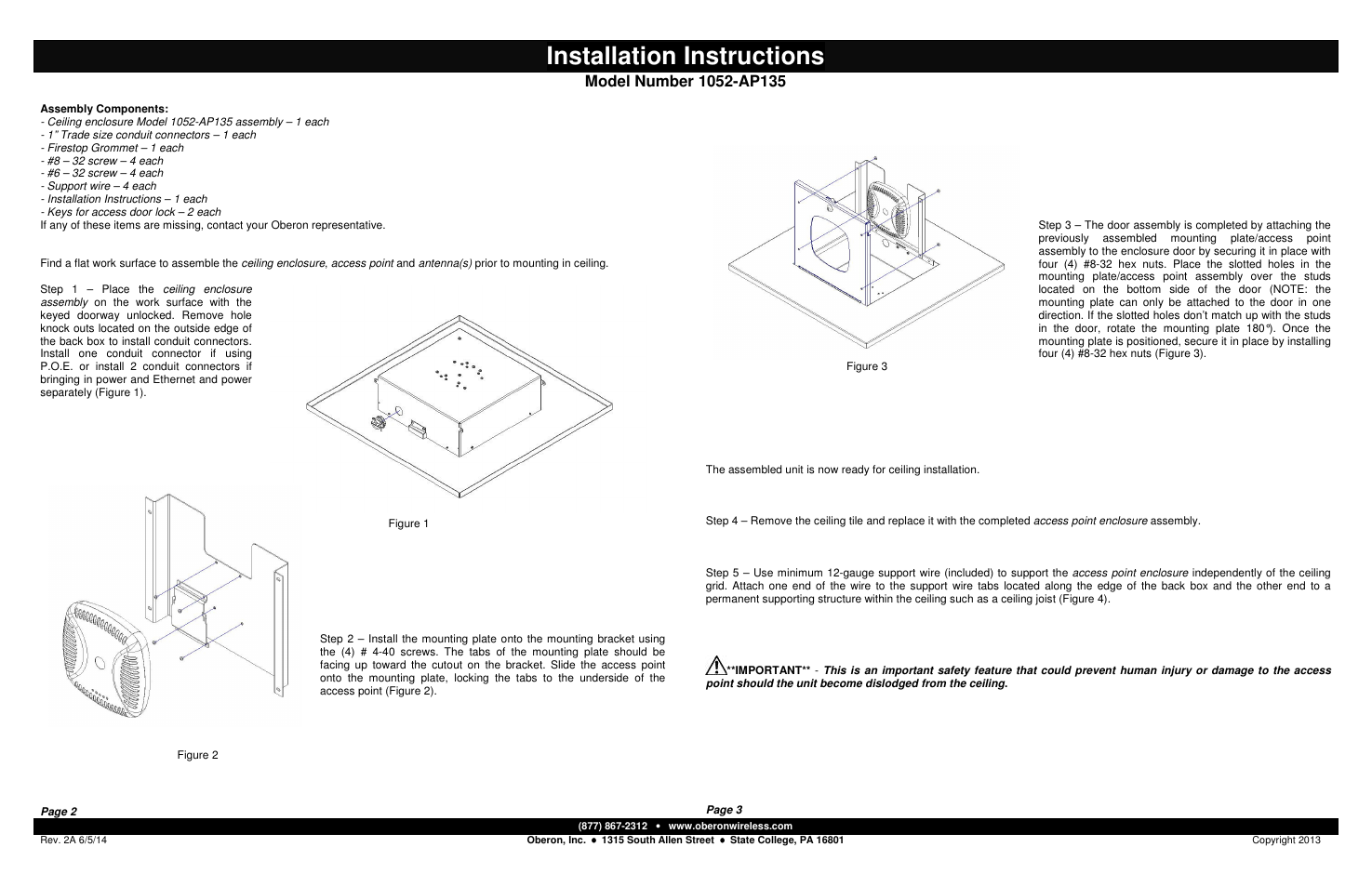 Installation instructions | Oberon 1052-AP135 User Manual | Page 2 / 2