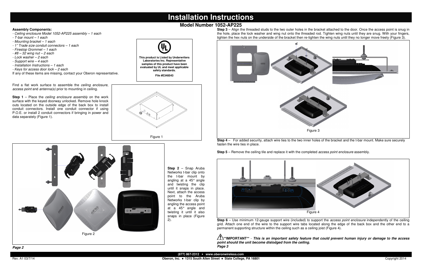 Installation instructions | Oberon 1052-AP225 User Manual | Page 2 / 2