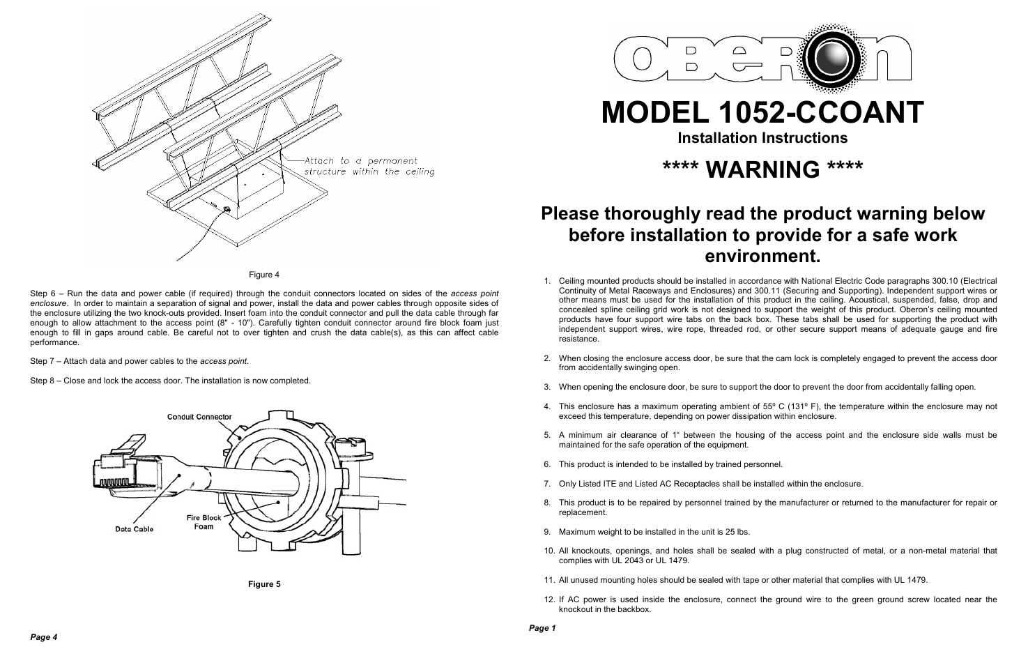 Oberon 1052-CCOANT User Manual | 2 pages