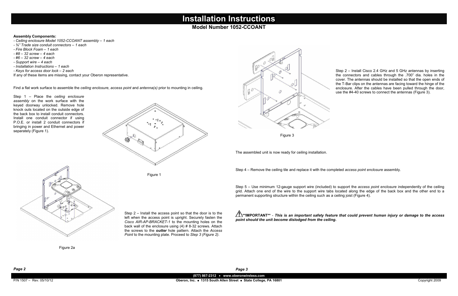 Installation instructions, Model number 1052-ccoant | Oberon 1052-CCOANT User Manual | Page 2 / 2