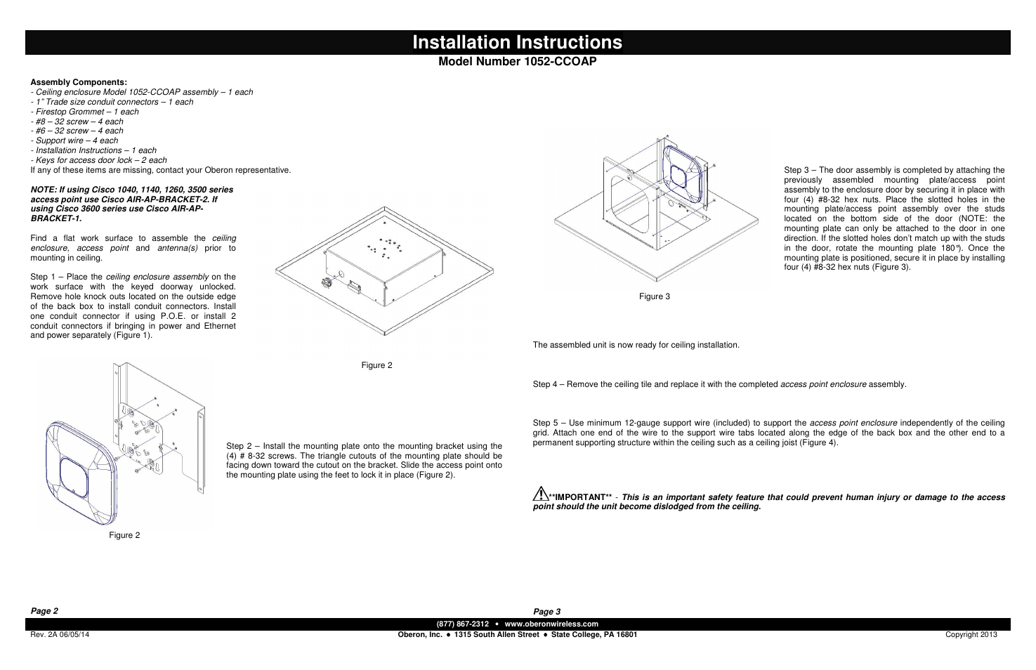 Installation instructions, Model number 1052-ccoap | Oberon 1052-CCOAP User Manual | Page 2 / 2