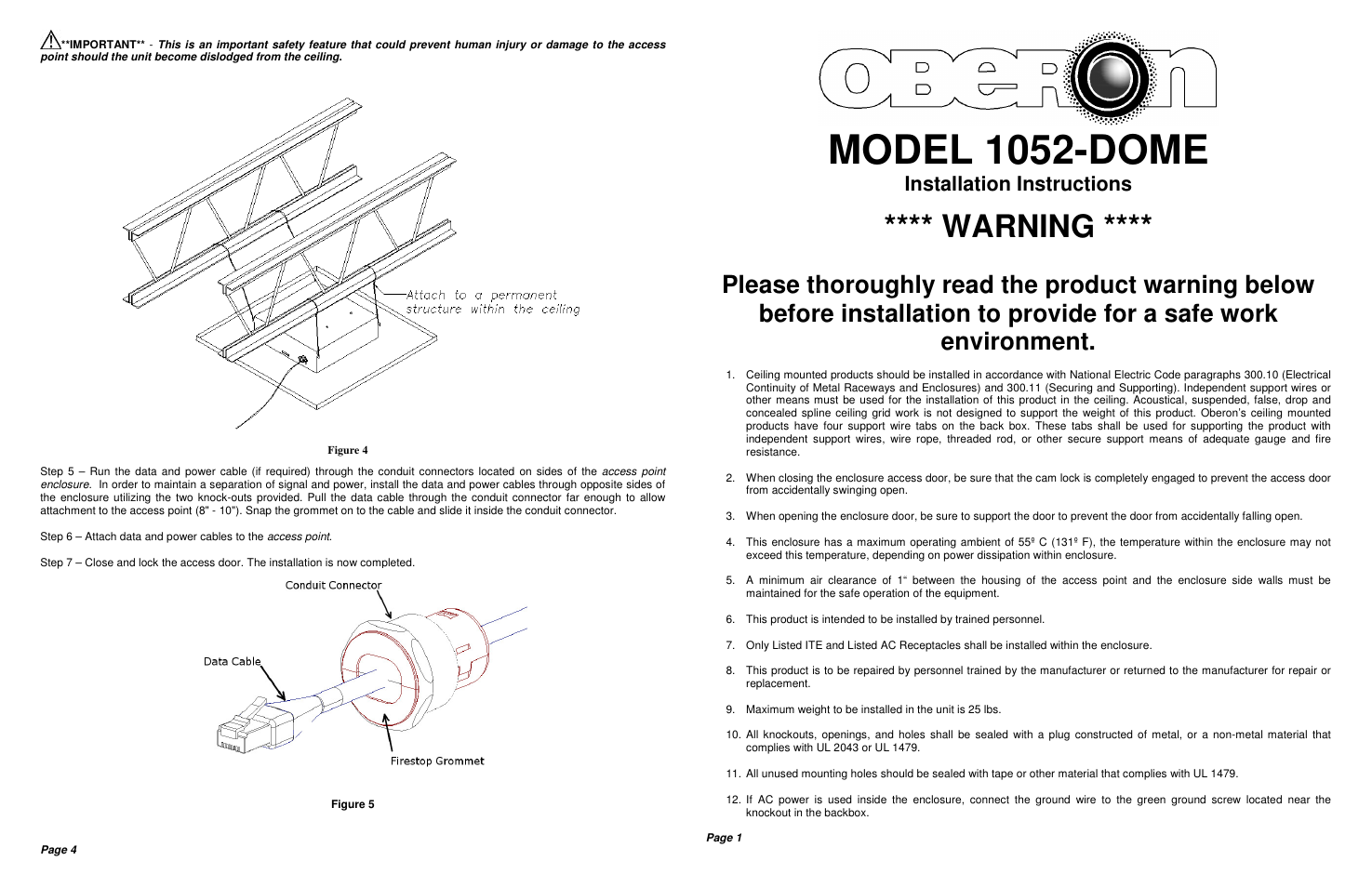 Oberon 1052-DOME User Manual | 2 pages