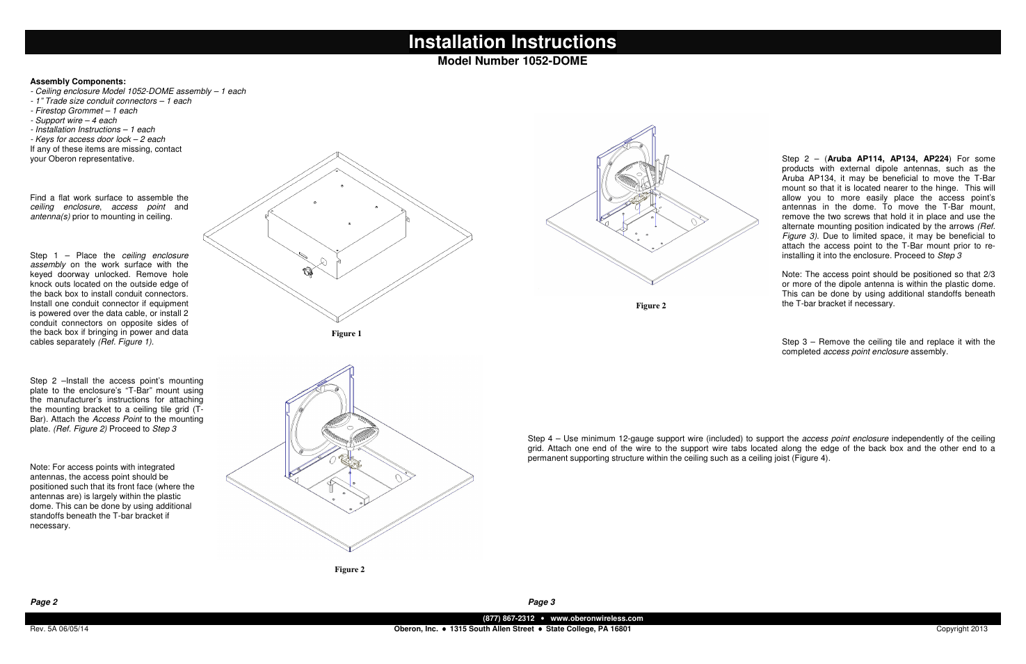 Installation instructions, Model number 1052-dome | Oberon 1052-DOME User Manual | Page 2 / 2