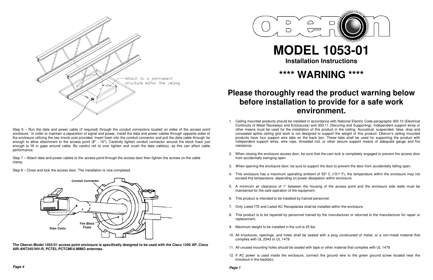 Warning, Installation instructions | Oberon 1053-01 User Manual | Page 2 / 2