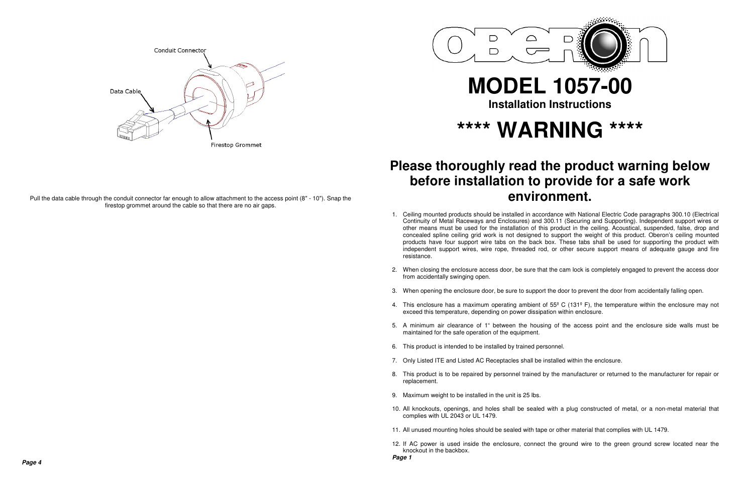 Warning | Oberon 1057-00 User Manual | Page 2 / 2