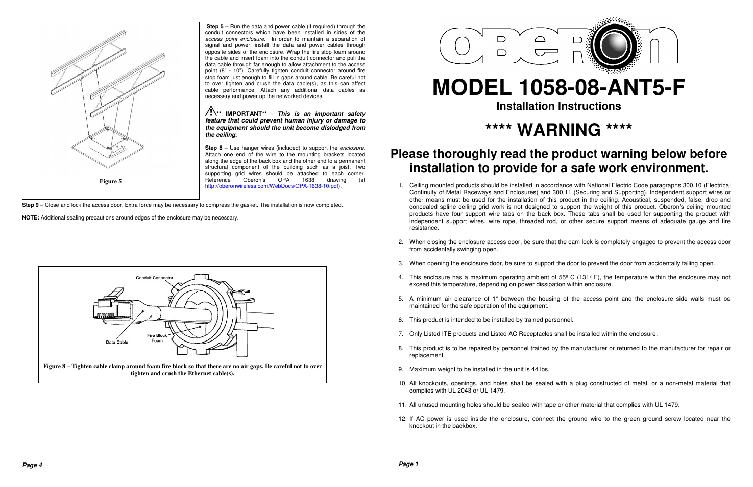 Warning, Installation instructions | Oberon 1058-08-ANT5-F User Manual | Page 2 / 2