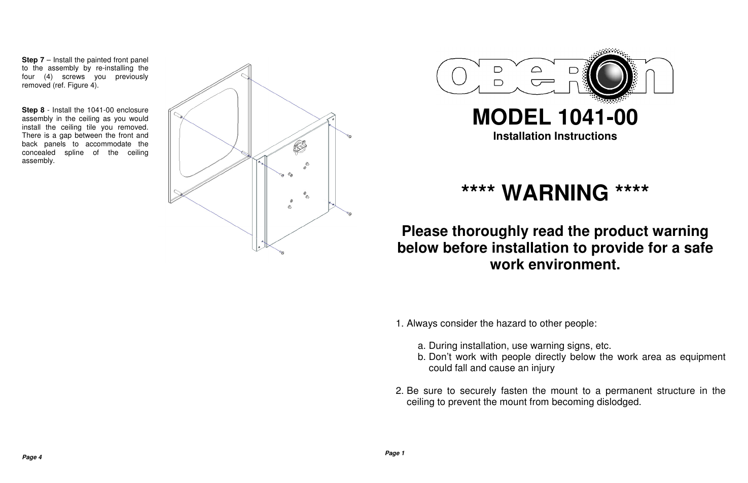 Warning | Oberon 1041-00 User Manual | Page 2 / 2