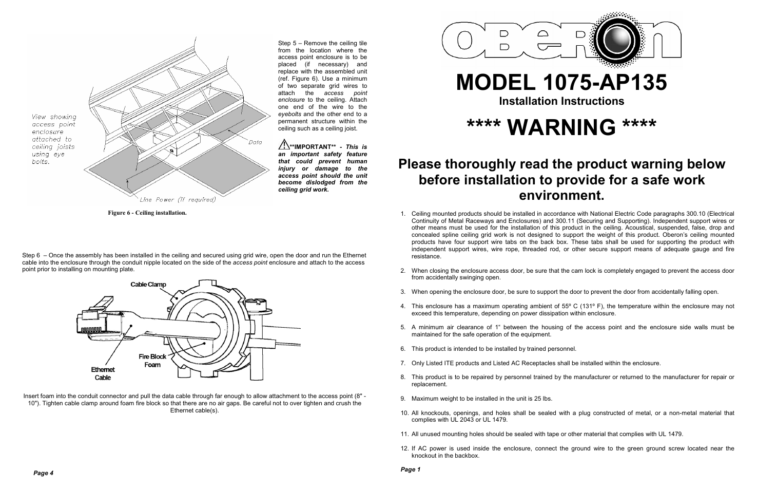 Warning, Installation instructions | Oberon 1075-AP135 User Manual | Page 2 / 2