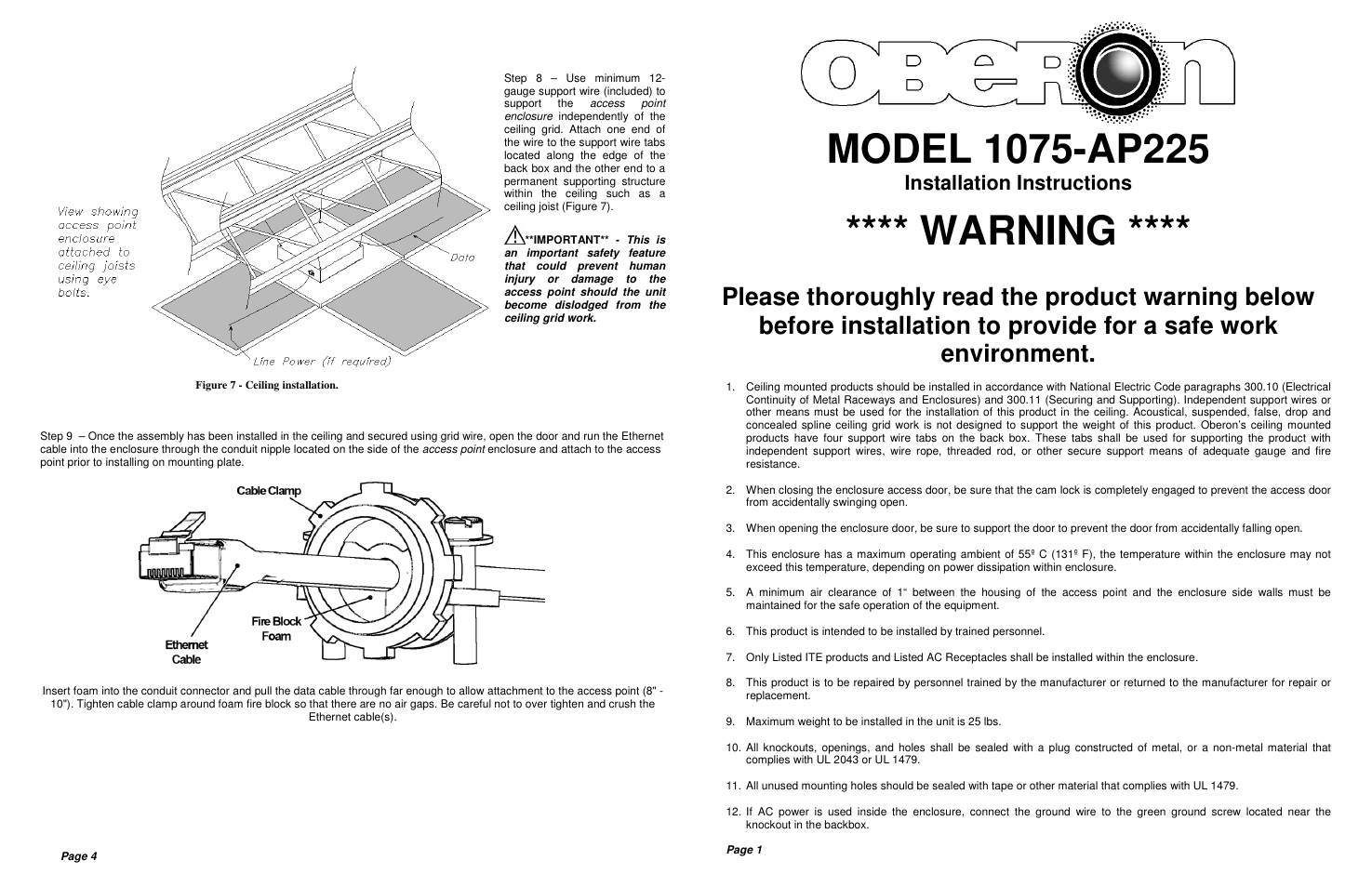 Warning, Installation instructions | Oberon 1075-AP225 User Manual | Page 2 / 2