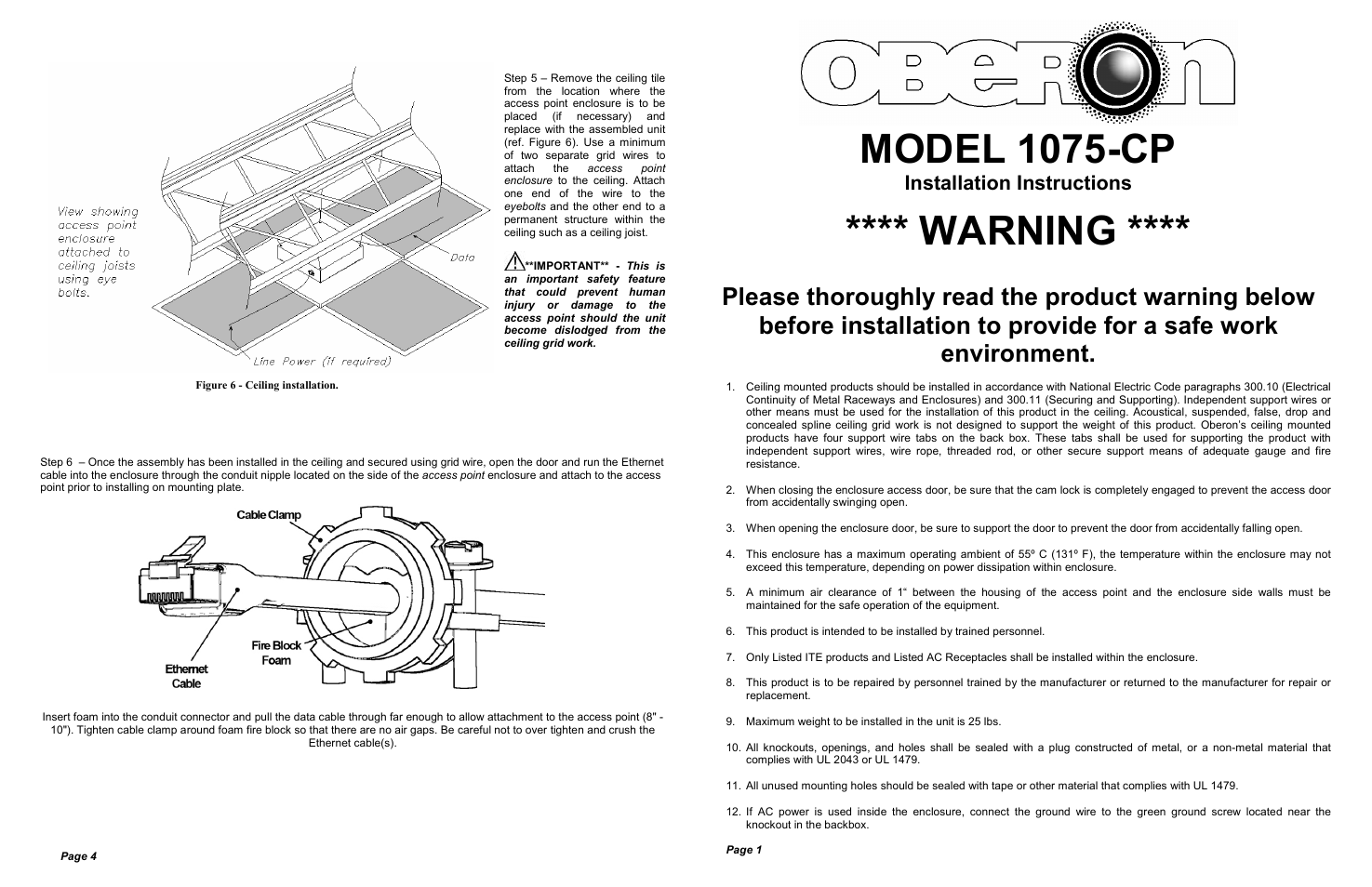 Model 1075-cp, Warning, Installation instructions | Oberon 1075-CP User Manual | Page 2 / 2