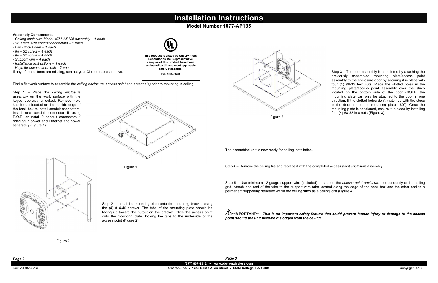 Installation instructions | Oberon 1077-AP135 User Manual | Page 2 / 2