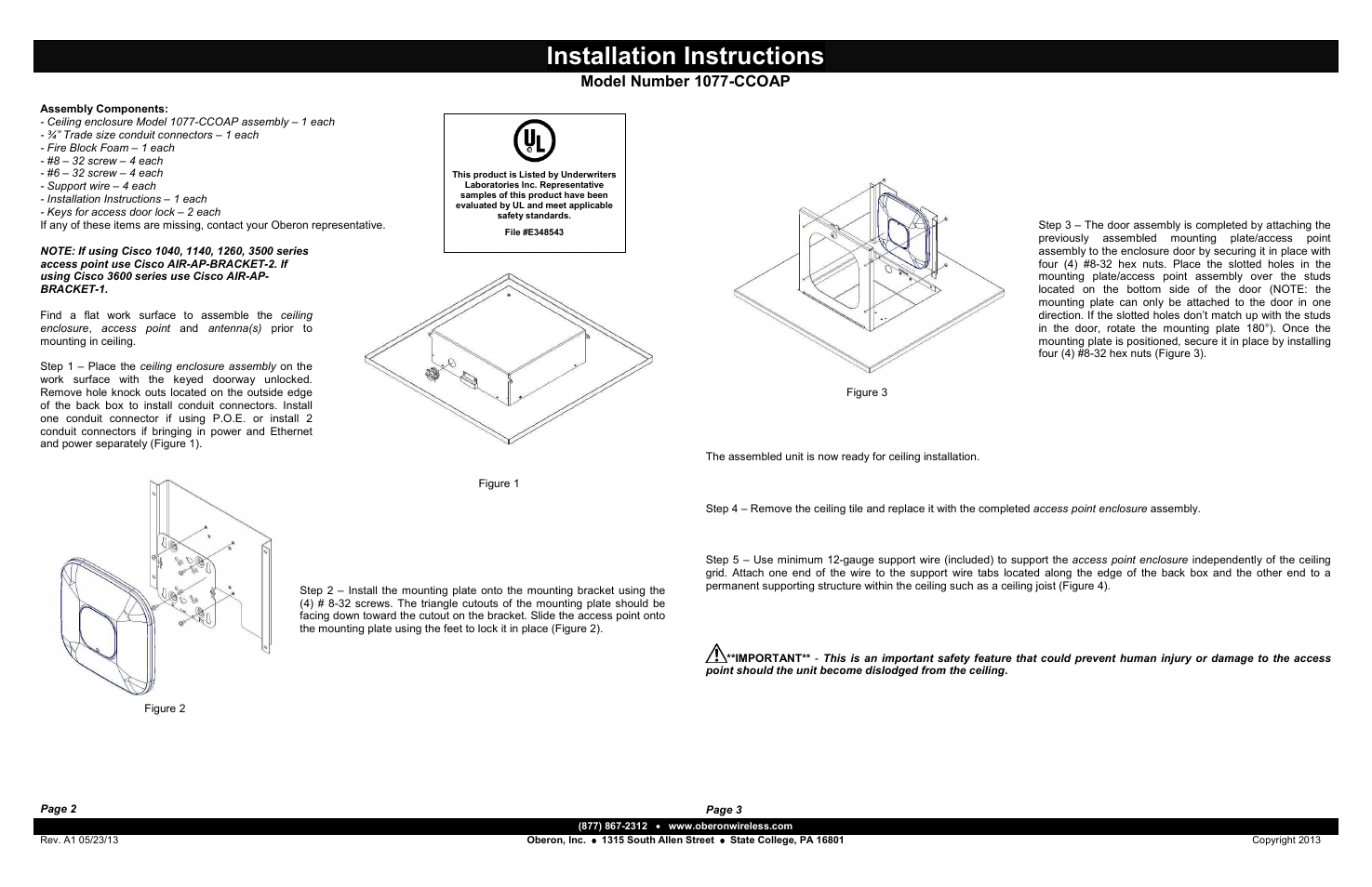 Installation instructions, Model number 1077-ccoap | Oberon 1077-CCOAP User Manual | Page 2 / 2