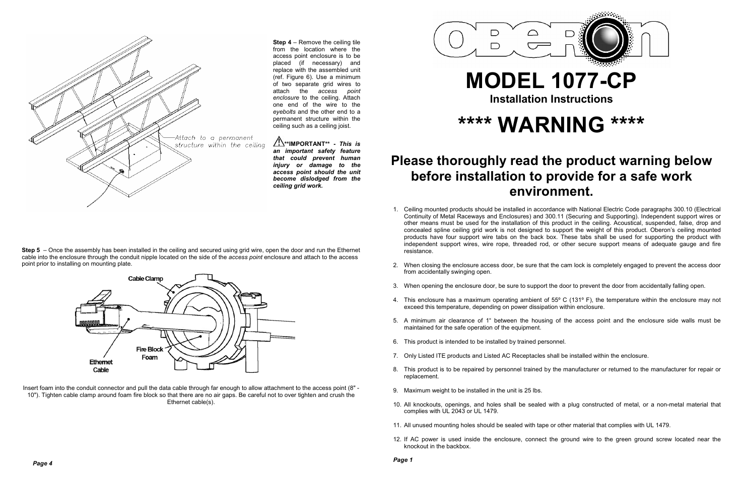 Model 1077-cp, Warning, Installation instructions | Oberon 1077-CP User Manual | Page 2 / 2