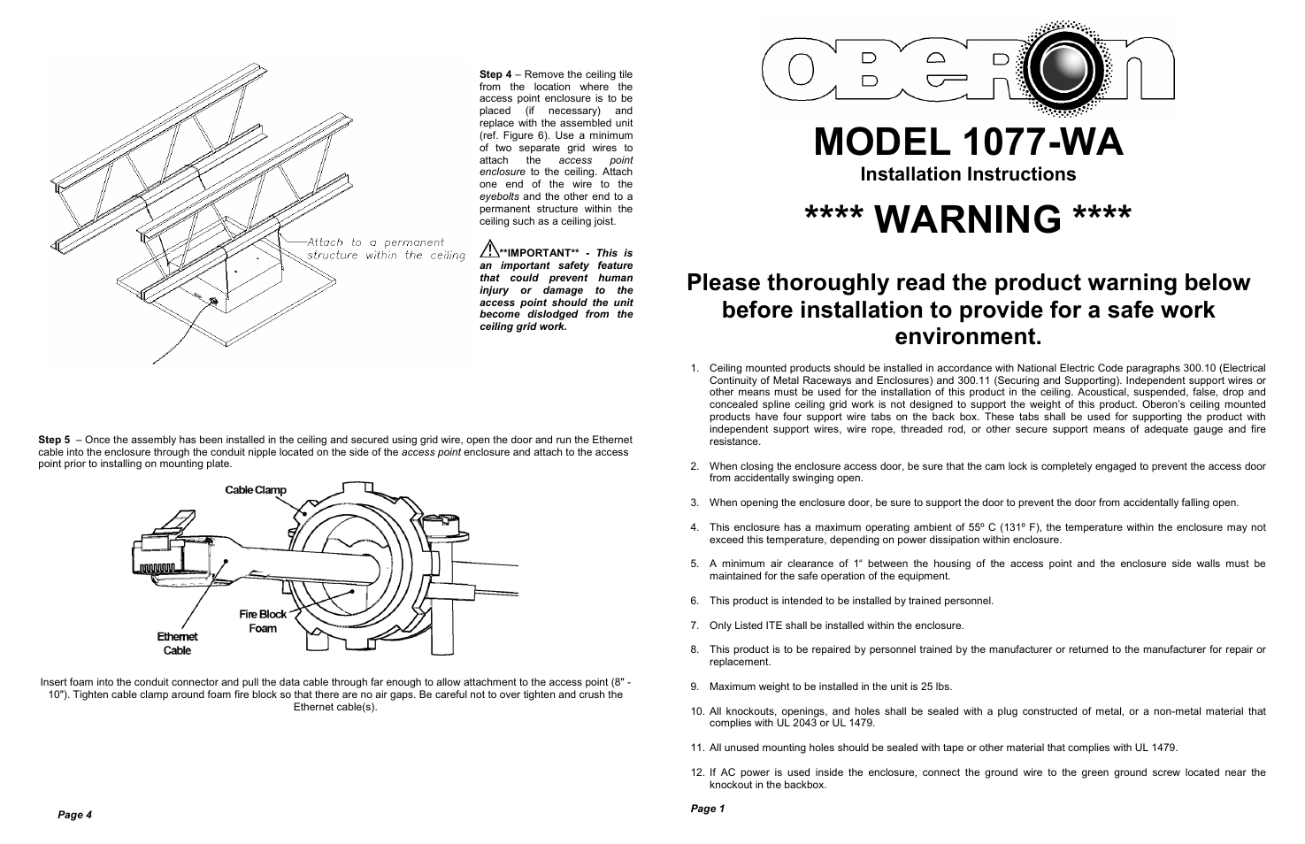 Model 1077-wa, Warning, Installation instructions | Oberon 1077-WA User Manual | Page 2 / 2