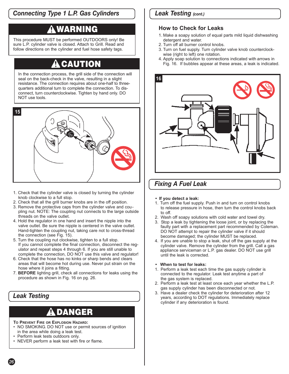 Warning, Caution, Danger | Connecting type 1 l.p. gas cylinders leak testing, Leak testing, Fixing a fuel leak | Coleman 5110 User Manual | Page 26 / 36