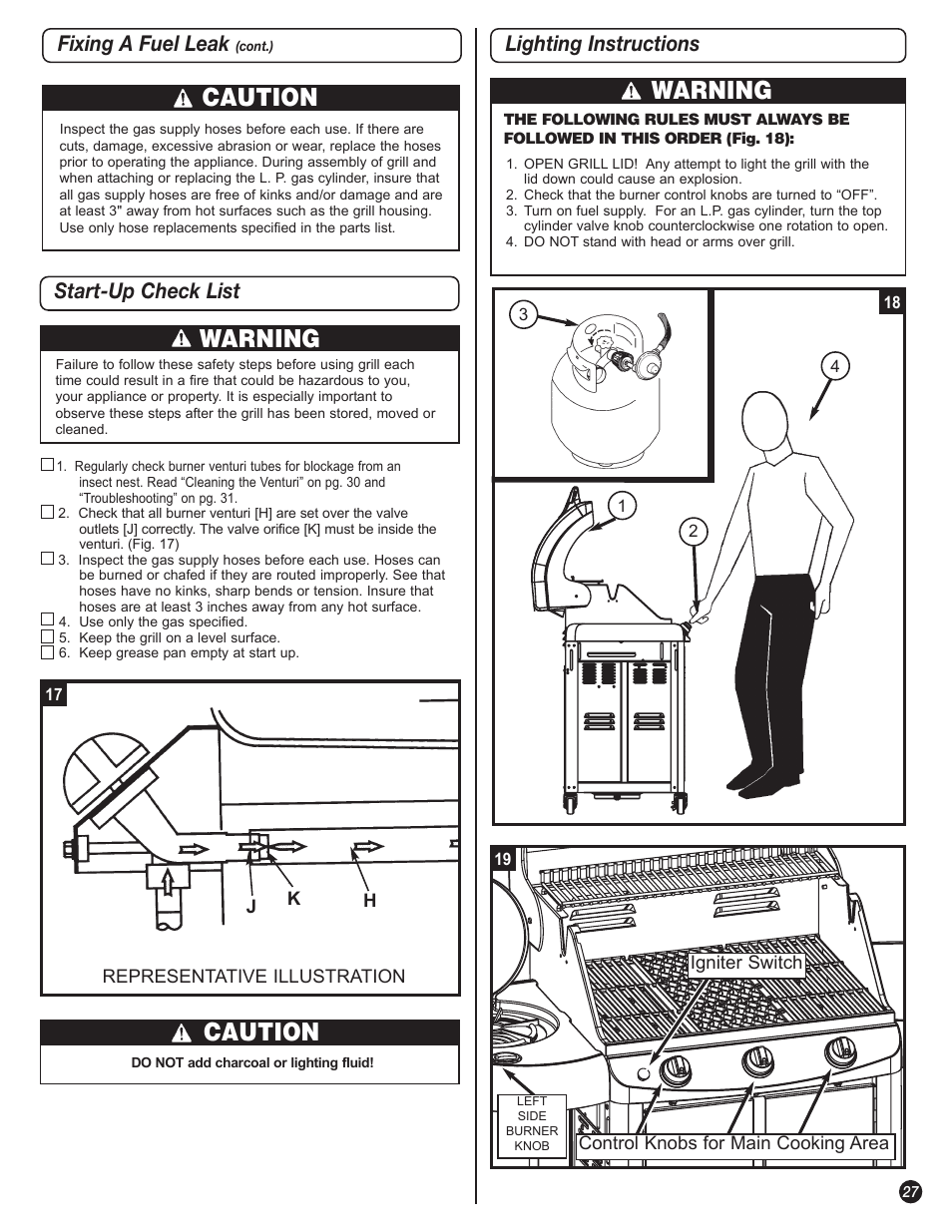 Caution, Warning, Fixing a fuel leak | Start-up check list, Lighting instructions | Coleman 5110 User Manual | Page 27 / 36