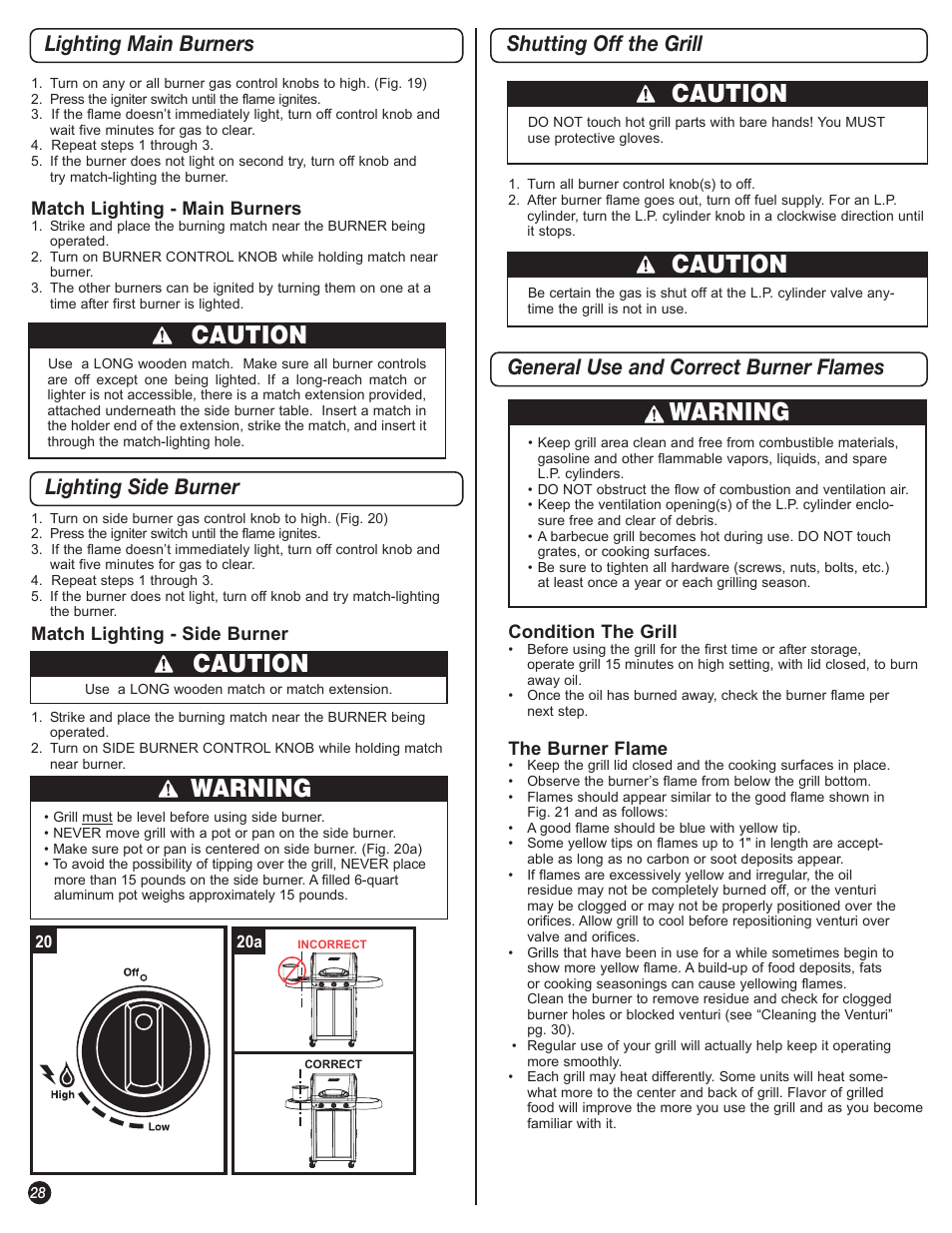 Caution, Warning, Lighting main burners lighting side burner | Coleman 5110 User Manual | Page 28 / 36