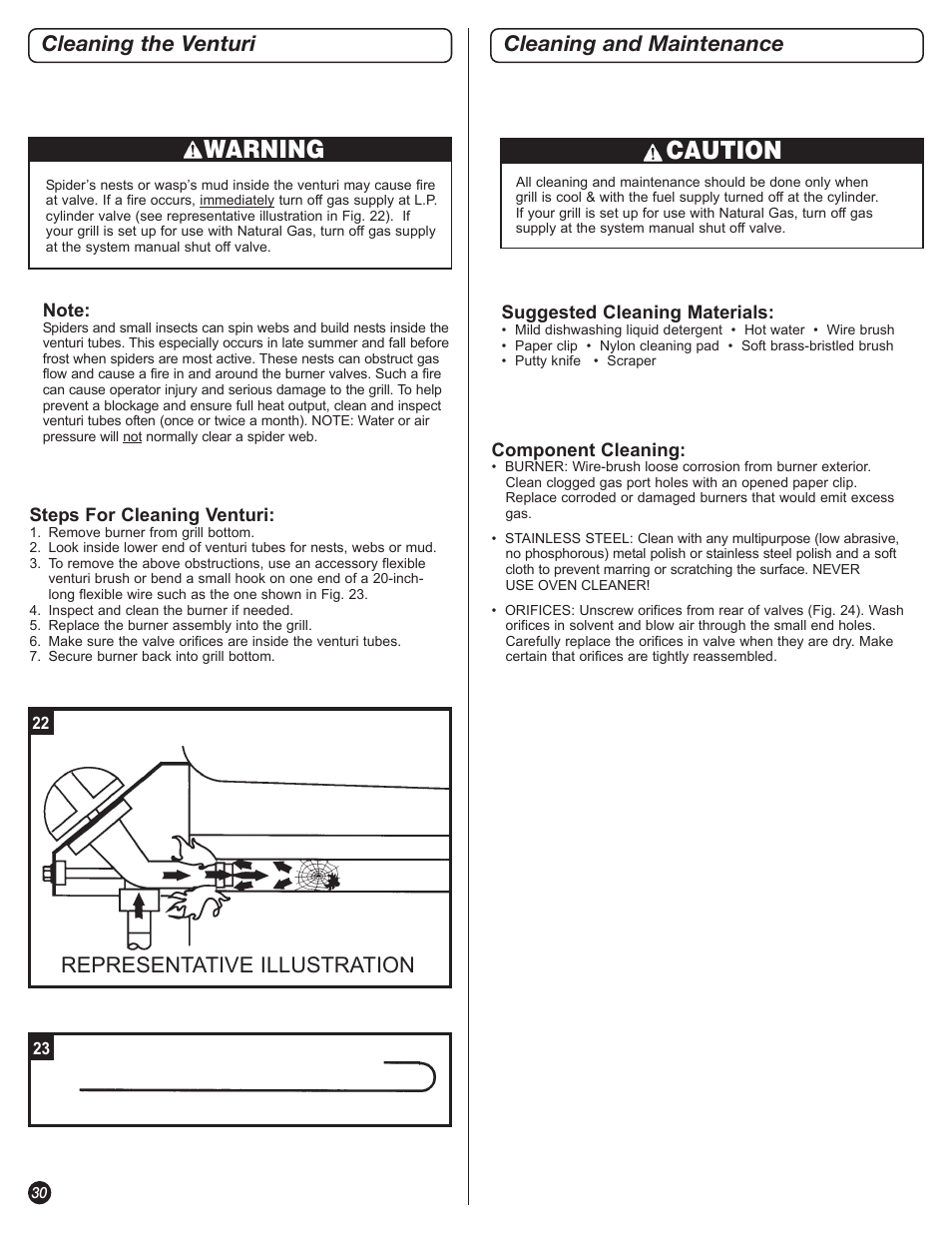 Warning, Caution, Cleaning the venturi | Cleaning and maintenance, Representative illustration | Coleman 5110 User Manual | Page 30 / 36