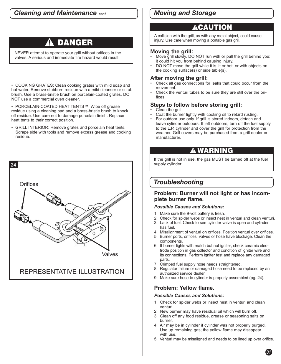 Danger, Caution, Warning | Moving and storage troubleshooting, Cleaning and maintenance, Representative illustration | Coleman 5110 User Manual | Page 31 / 36