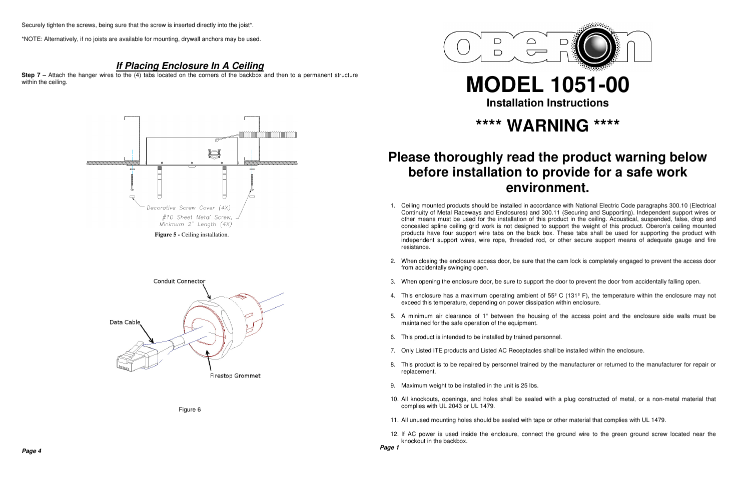 Warning, Installation instructions, If placing enclosure in a ceiling | Oberon 1051-00 User Manual | Page 2 / 2