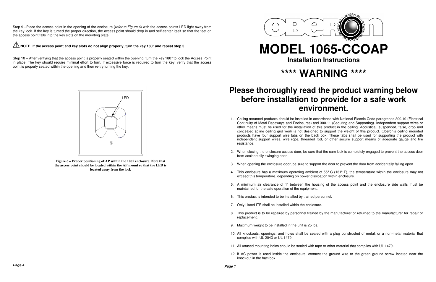 Oberon 1065-CCOAP User Manual | 2 pages