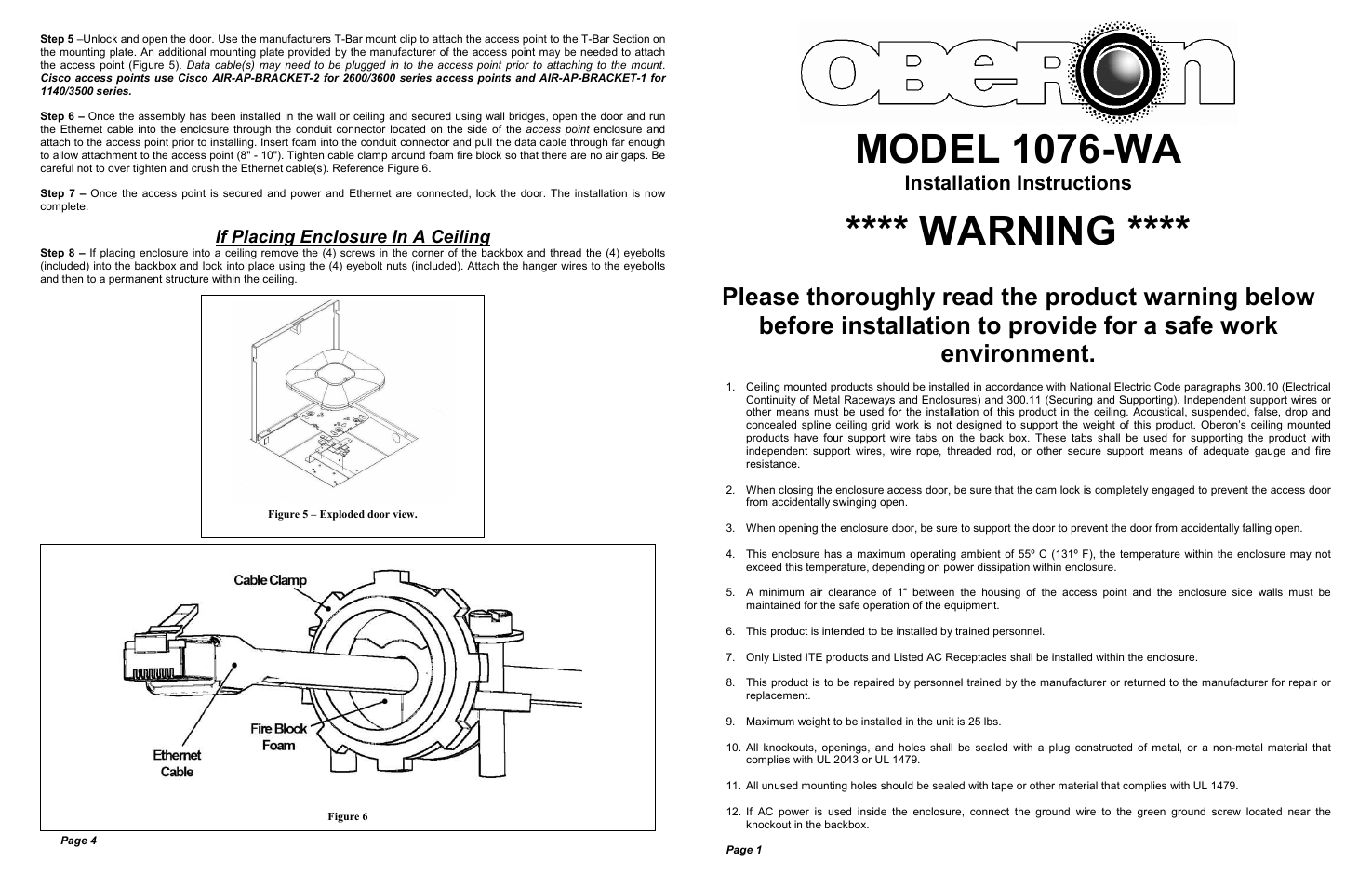 Model 1076-wa, Warning, Installation instructions | Oberon 1076-WA User Manual | Page 2 / 2