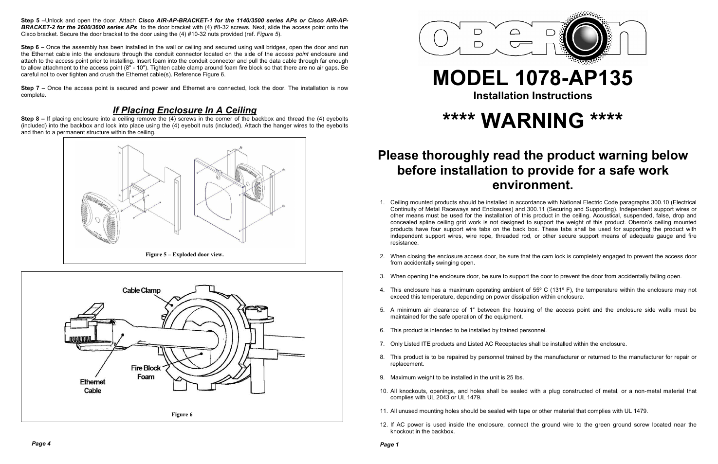 Warning, Installation instructions | Oberon 1078-AP135 User Manual | Page 2 / 2