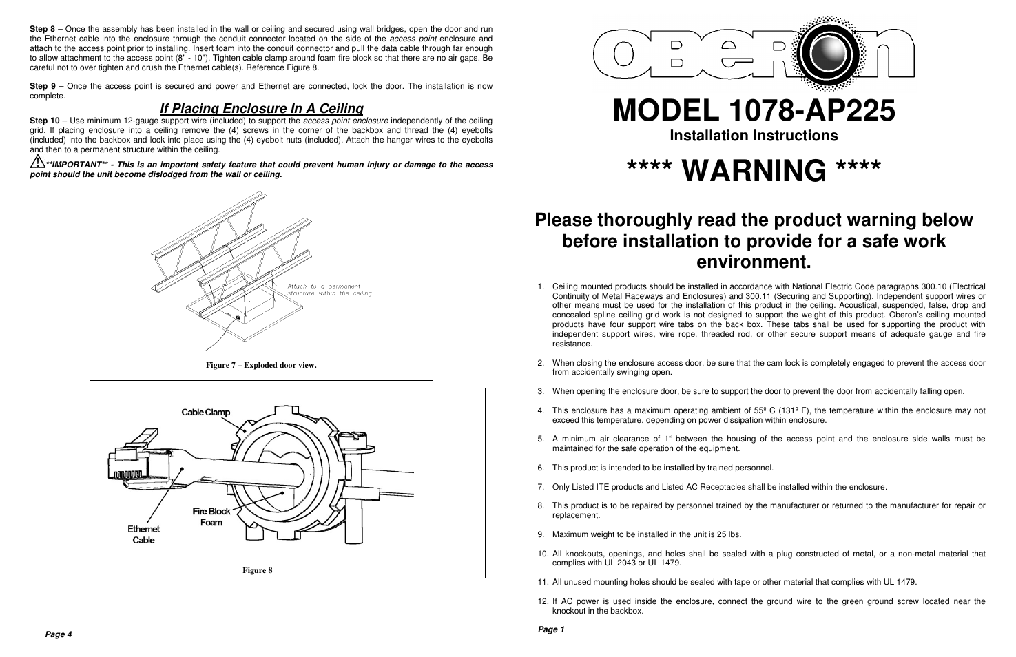 Warning, Installation instructions | Oberon 1078-AP225 User Manual | Page 2 / 2