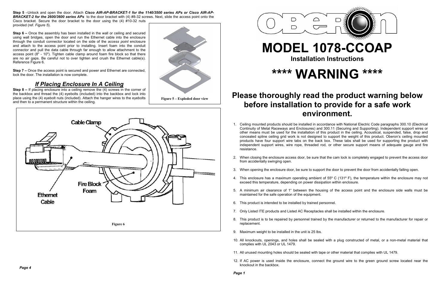 Model 1078-ccoap, Warning, Installation instructions | If placing enclosure in a ceiling | Oberon 1078-CCOAP User Manual | Page 2 / 2