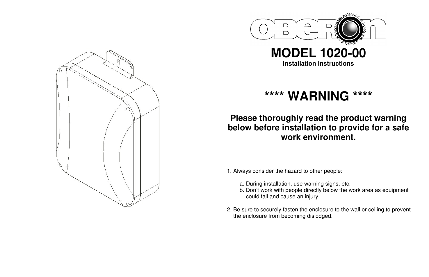 Warning | Oberon 1020-00 User Manual | Page 2 / 2