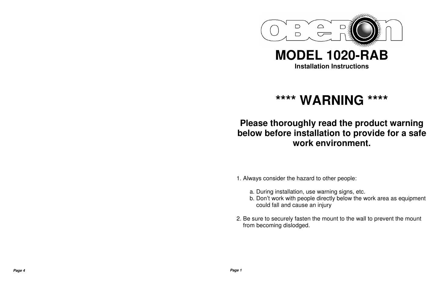 Model 1020-rab, Warning | Oberon 1020-RAB User Manual | Page 2 / 2