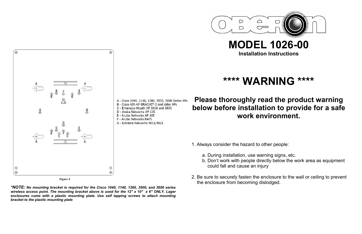 Warning | Oberon 1026-00 User Manual | Page 2 / 2