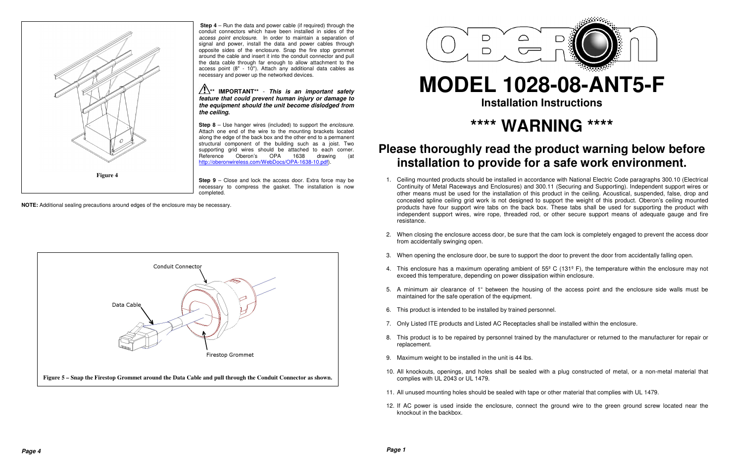 Warning, Installation instructions | Oberon 1028-08-ANT5-F User Manual | Page 2 / 2
