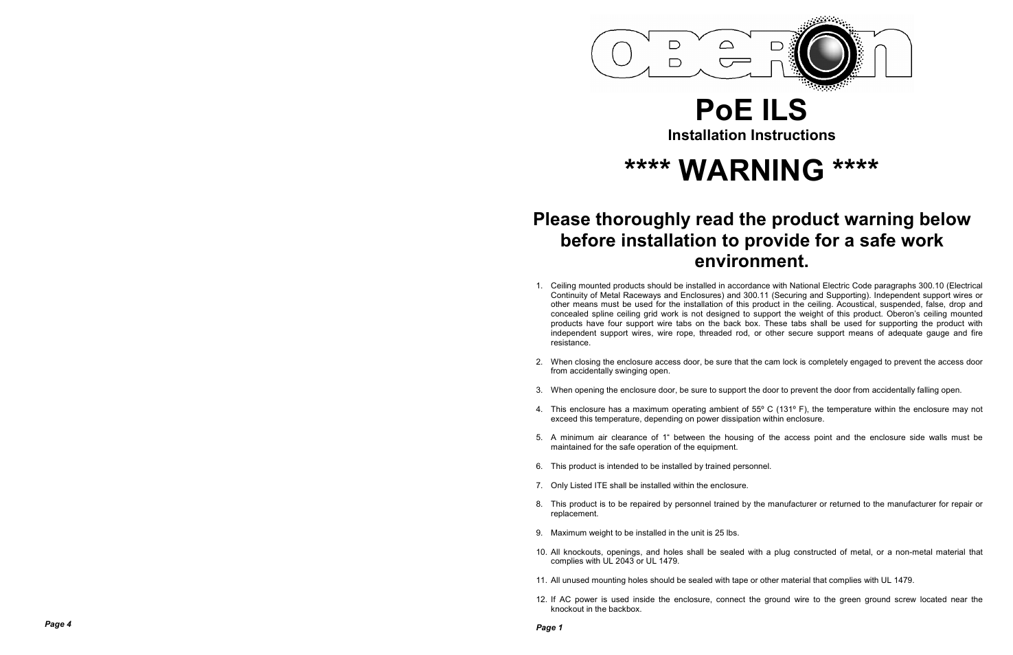 Poe ils, Warning, Installation instructions | Oberon 1790 User Manual | Page 2 / 2