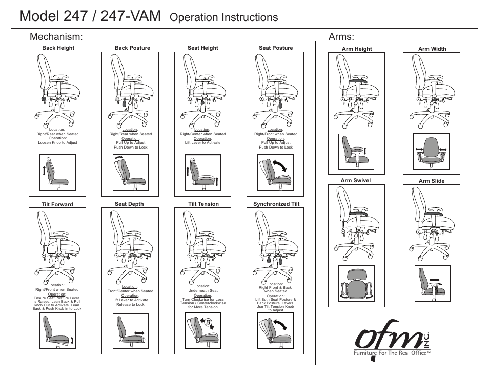 Operation instructions, Mechanism: arms | OFM E247 User Manual | Page 2 / 2