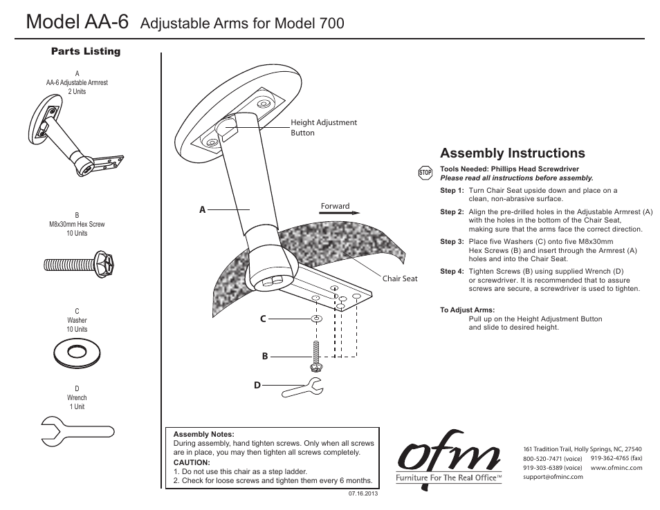 Model aa-6, Adjustable arms for model 700, Assembly instructions | OFM 700-AA6 User Manual | Page 2 / 2