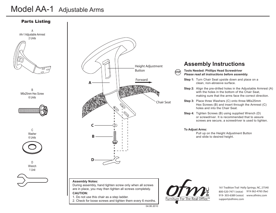 Aa-1, Model aa-1, Adjustable arms | Assembly instructions | OFM E241-DK User Manual | Page 2 / 3