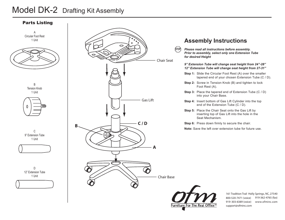 Model dk-2, Drafting kit assembly, Assembly instructions | Ac / d b | OFM 902-DK User Manual | Page 2 / 2