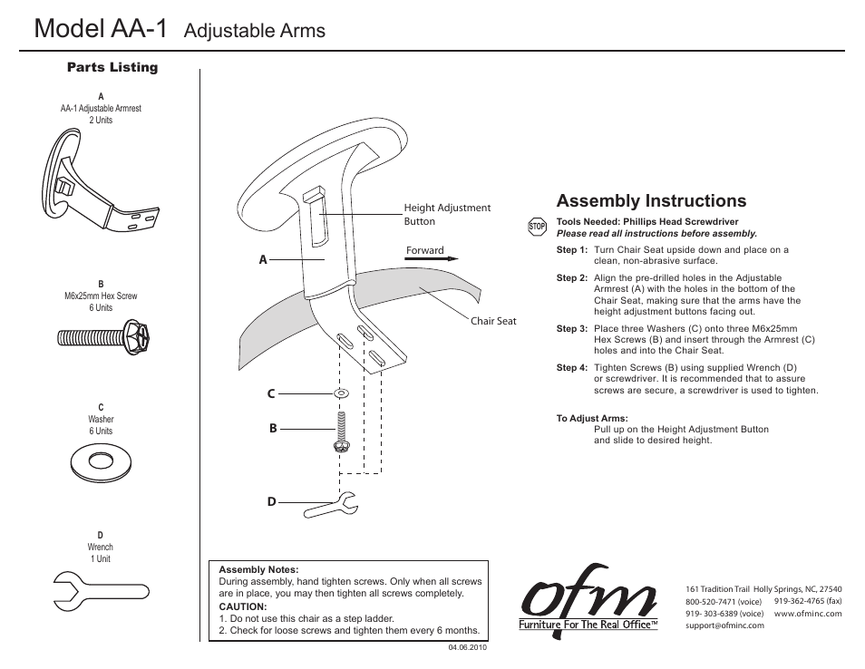 Model aa-1, Adjustable arms, Assembly instructions | OFM 105-DK User Manual | Page 2 / 3