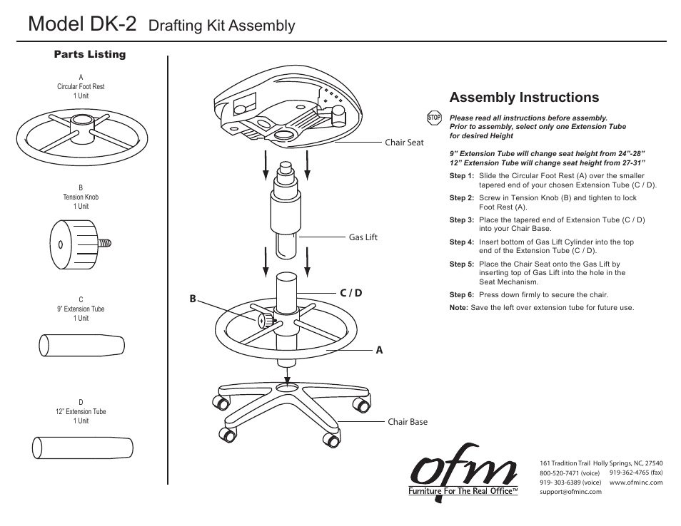 Model dk-2, Drafting kit assembly, Assembly instructions | Ac / d b | OFM 105-DK User Manual | Page 3 / 3